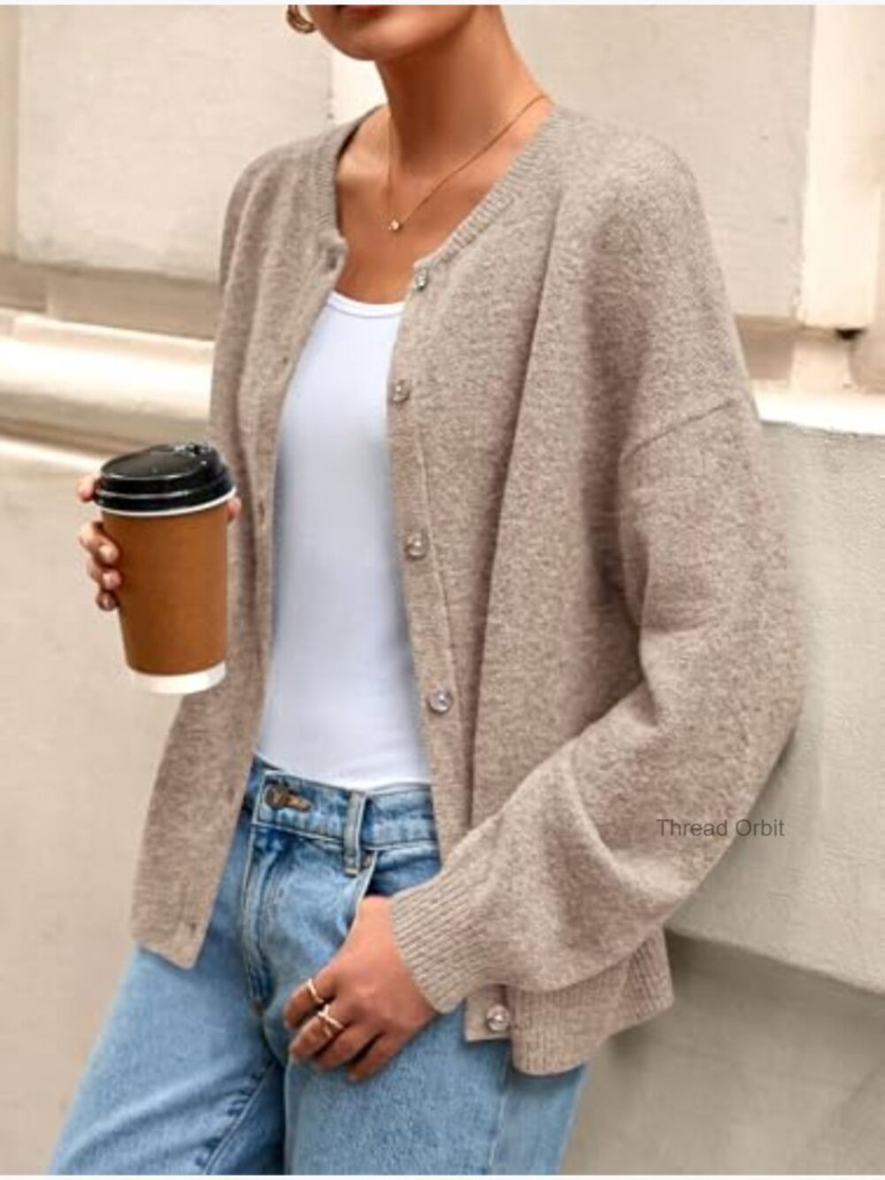 Lightweight Loose Fit Cardigan Crewneck Button Down Long Sleeve Sweater - Picture 3 of 7